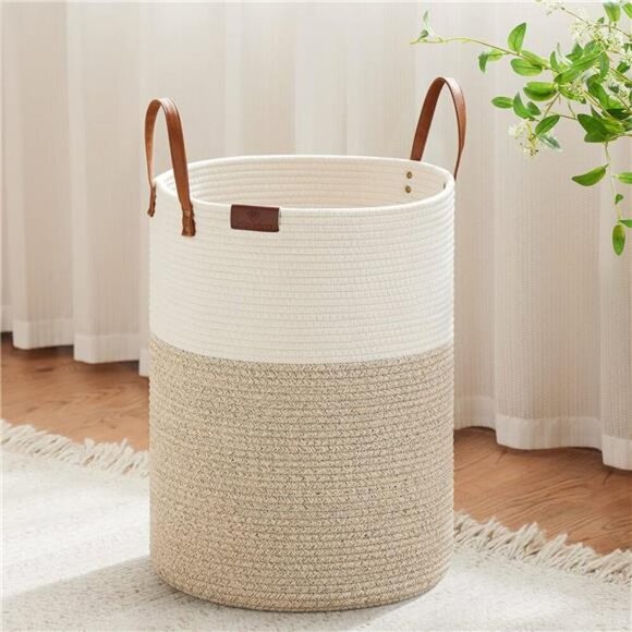Tall Laundry Basket, Dirty Clothes Hamper Leather Handle, Woven Rope Storage